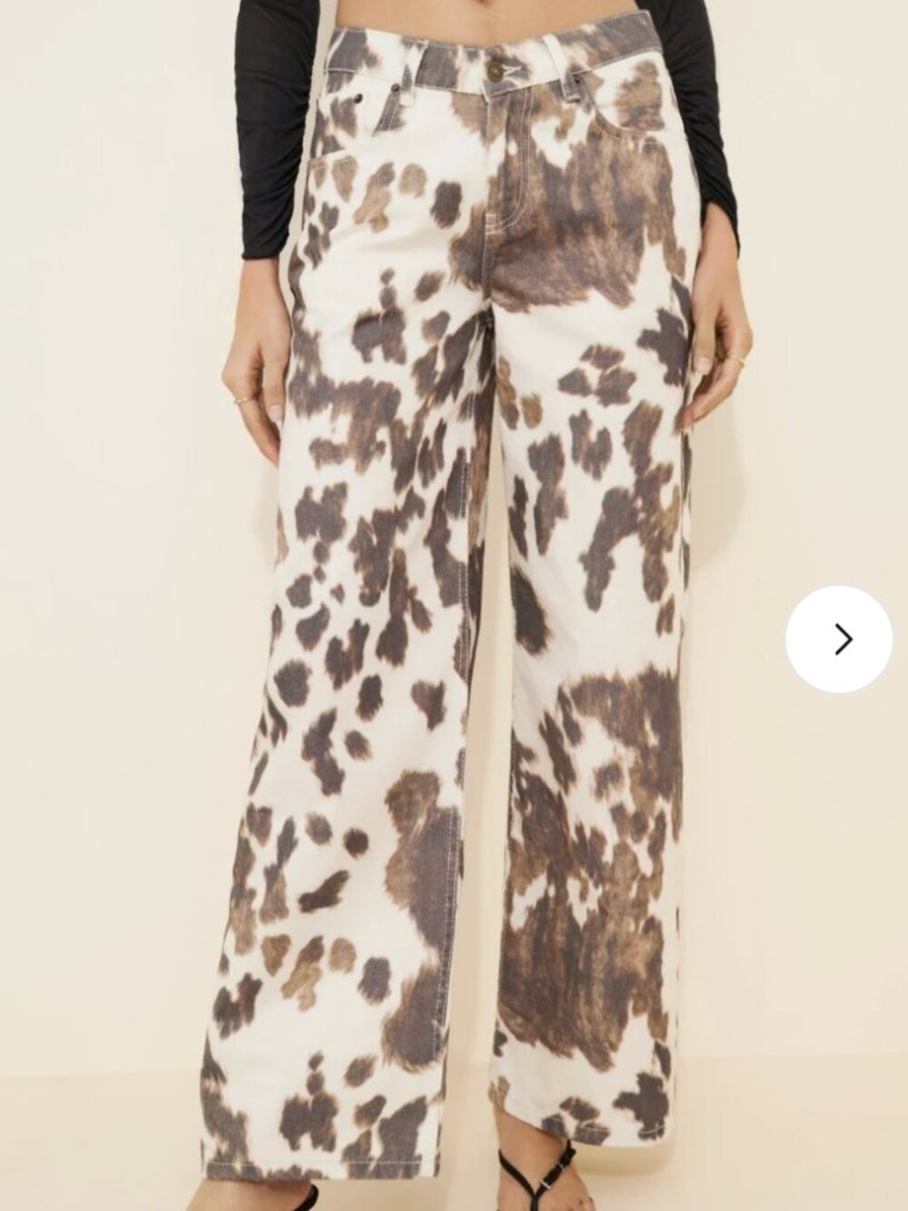 The Ragged Priest - Brown and White Cow Print Wide Leg Jeans - 27